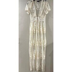 Aakana Womens White Long Kimono Boho semi-transparent Lace accents size S